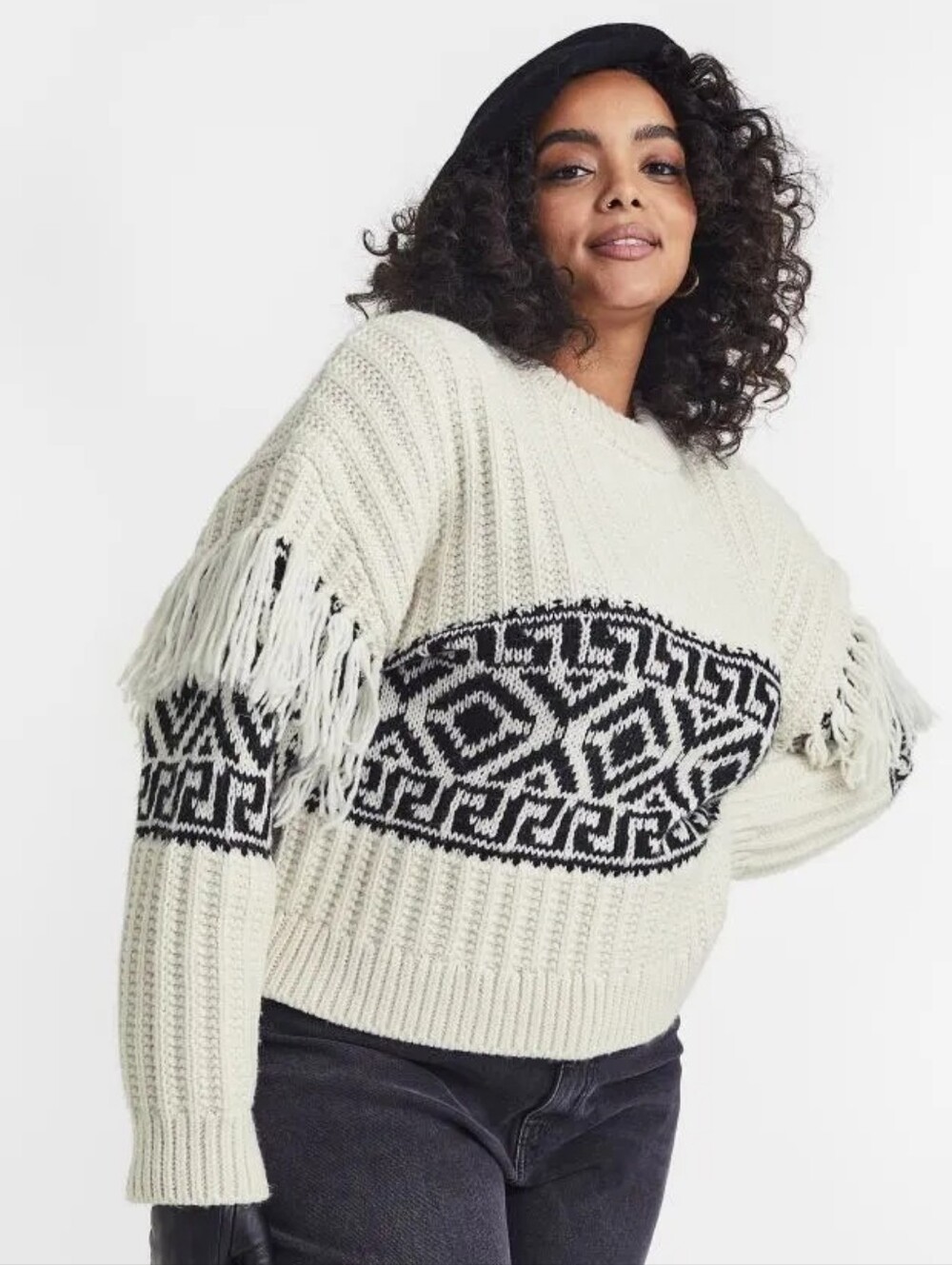 H&M Cream and Black Geometric Fringe Knit Sweater - M